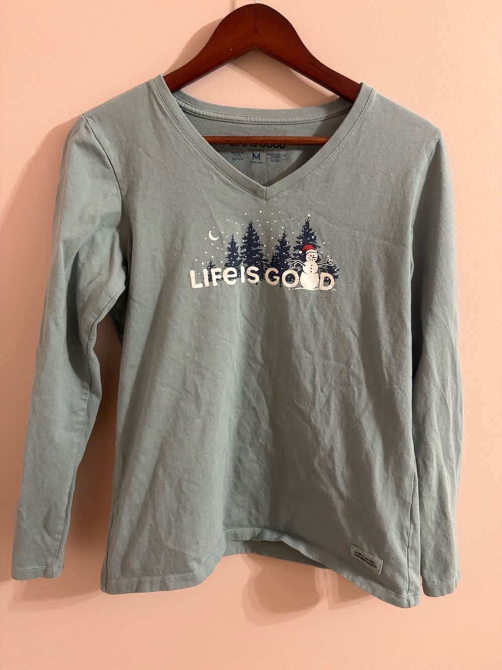 Women’s Long-Sleeve V-Neck Shirt - Light Green "Life is Good" Snowman Holiday
